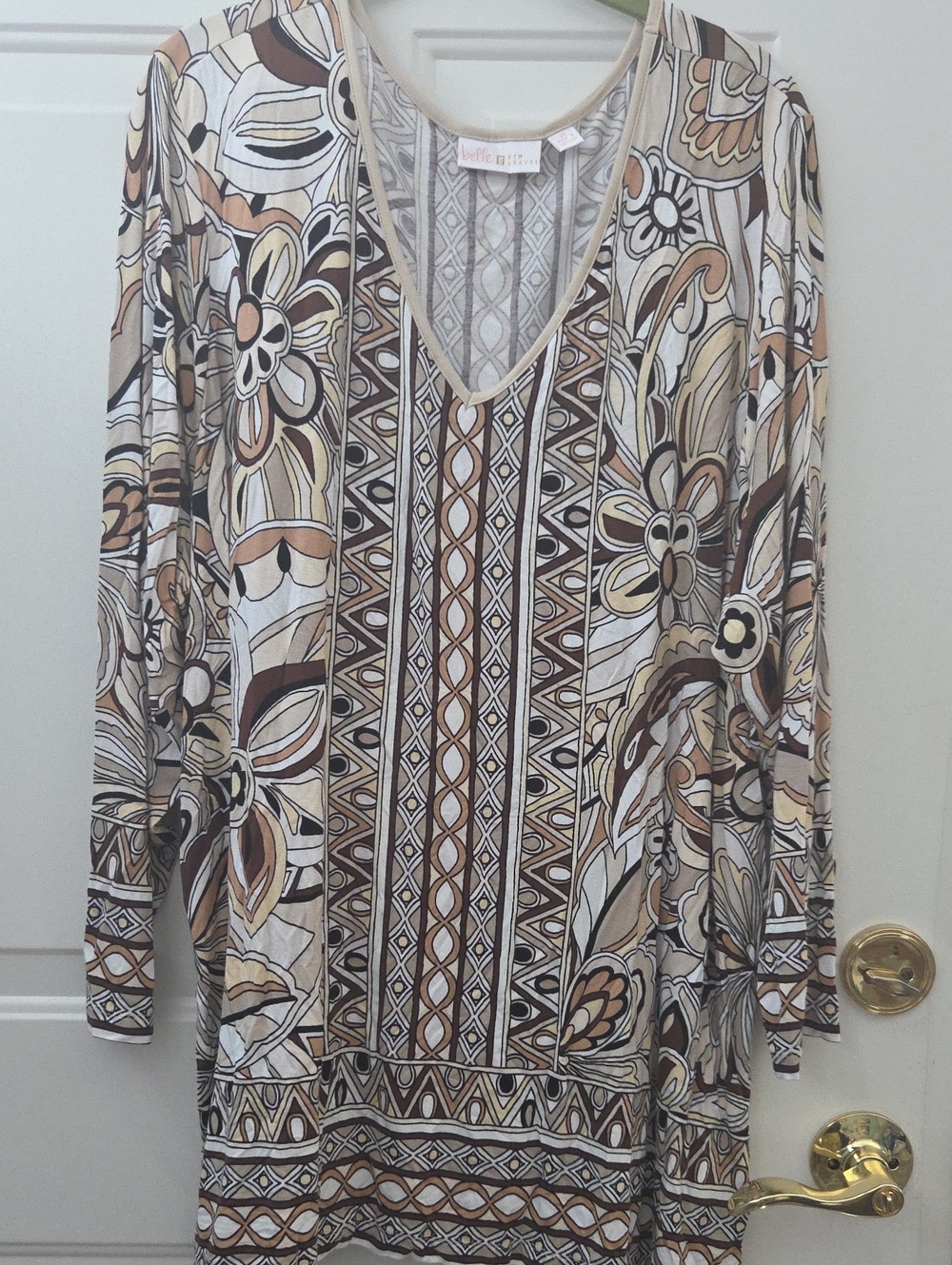 Belle by Kim Gravel Floral Tribal Print V-Neck Tunic in Brown Cream and White